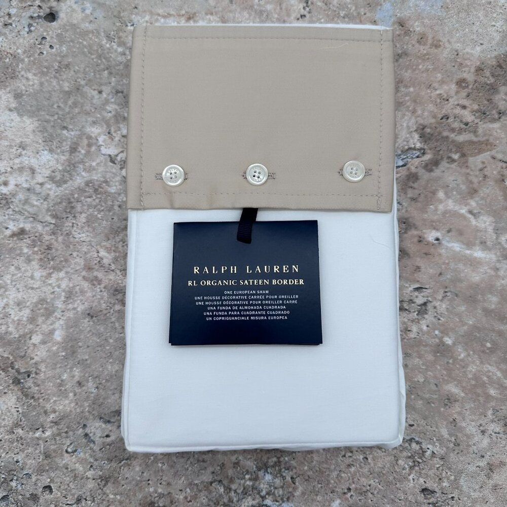 Ralph‎ Lauren Organic Cotton Sateen Border Euro Size 26" x 26" Sham, White/Sand